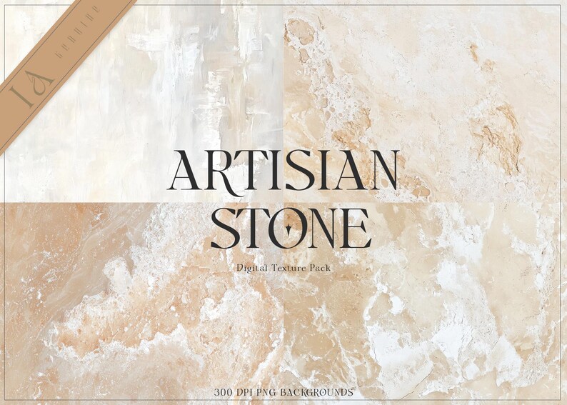 May include: A digital texture pack featuring a close-up of a light brown and white artisan stone. The image has the text "Artisan Stone" and "Digital Texture Pack" in black text.