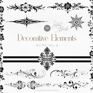 Floral Dekorative Elemente Clipart Bundle | Ornamentale Schnörkel SVG Png Ai Jpg | Vintage Vektor-Grenzen & Ecken für Einladungen