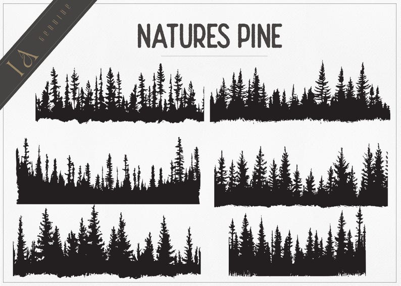 May include: Six black and white silhouette images of pine trees. The images are arranged in three rows of two. The top row has a single row of trees, the middle row has two rows of trees, and the bottom row has three rows of trees. The text "NATURES PINE" is at the top of the image.