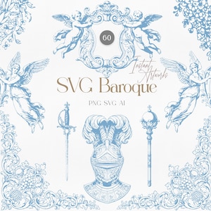 May include: Light blue and white SVG Baroque digital art set. Includes illustrations of angels, a helmet, a sword, a scepter, and decorative frames. The text "SVG Baroque" and "Instant Artworks" are also included.