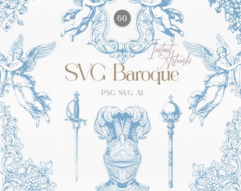 May include: Light blue and white SVG Baroque digital art set. Includes illustrations of angels, a helmet, a sword, a scepter, and decorative frames. The text "SVG Baroque" and "Instant Artworks" are also included.