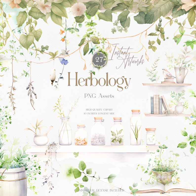 A collection of 27 watercolor herbology clipart elements featuring vintage glass apothecary bottles, lush greenery, hanging vines, and old books on a clean white background