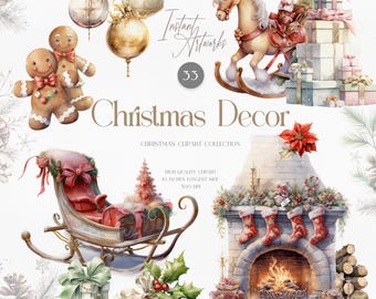 水彩クリスマス クリップアート コレクション – お祝いの休日のイラスト、クリスマスの暖炉、ギフト、ジンジャーブレッド、装飾品、心地よい冬のアート