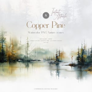 Imágenes prediseñadas de pinos en acuarela / Bosque de cobre PNG, uso comercial (arte digital)