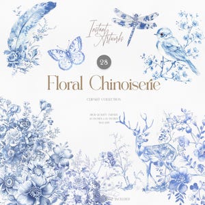 Floral Chinoiserie Clipart Collection | Blue & White Watercolor PNGs | High-Quality Digital Download for Invitations, Branding and Decor
