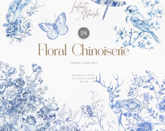 May include: A collection of 28 blue and white floral illustrations in a chinoiserie style. The illustrations include a butterfly, dragonfly, bird, deer, and various floral designs. The illustrations are perfect for creating invitations, cards, and other paper crafts.