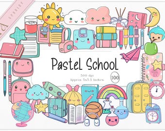 Pastellfärgad skolclipart, 100 PNG-grafik (digital nedladdning)