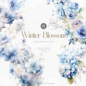 Clipart floral aquarelle fleur d'hiver - fleurs bleues et blanches pour invitations, cartes, travaux manuels et plus, fichiers PNG à téléchargement immédiat