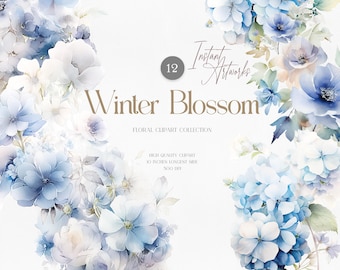 May include: A digital clipart collection of 12 watercolor illustrations of blue and white winter blossoms. The flowers are arranged in a bouquet style and are perfect for adding a touch of elegance to your designs.