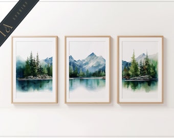 水彩画による山岳風景三連画｜自然アートプリント（デジタルダウンロード）