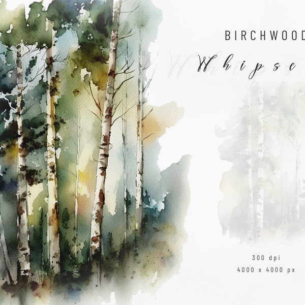 Birch Forest Watercolor Clipart, Watercolor Backgrounds, Forest Landscapes, Forest Watercolor Clipart, Forest Backgrounds