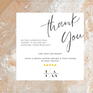 May include: Thank you card with a marble background. The card has a handwritten thank you message and a message about leaving a photo review for a free listing. The card also has the text "Instant Artworks" and a logo with the letters "IA".