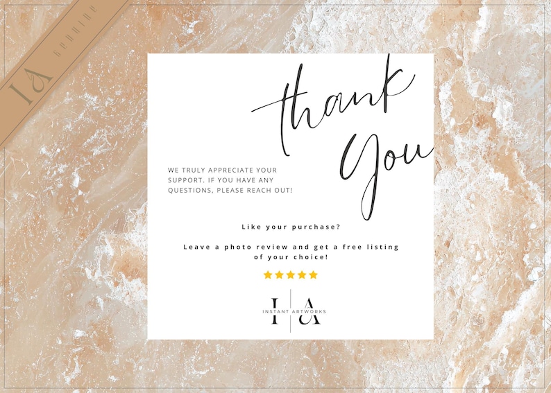 May include: Thank you card with a marble background. The card has a handwritten thank you message and a message about leaving a photo review for a free listing. The card also has the text "Instant Artworks" and a logo with the letters "IA".