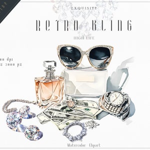 Ensemble de cliparts Bling aquarelle - lunettes de soleil, montres, diamants, eau de Cologne, argent, bracelets, art numérique, scrapbooking, fabrication de cartes