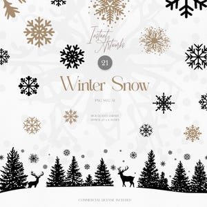 May include: A digital download of 21 black and gold snowflake illustrations and a winter scene with black silhouette trees and deer. The text "Insta Artworks 21 Winter Snow PNG SVG AI High Quality Clipart Approx 27 x 6 Inches Commercial License Included" is included in the image.