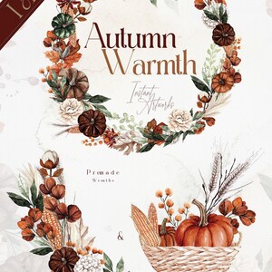 Op de afbeelding: Waterverf illustraties van herfstkransen en elementen. De kransen bevatten pompoenen, bladeren, bloemen en ma&iuml;s. De elementen omvatten een mand met pompoenen, ma&iuml;s en tarwe.