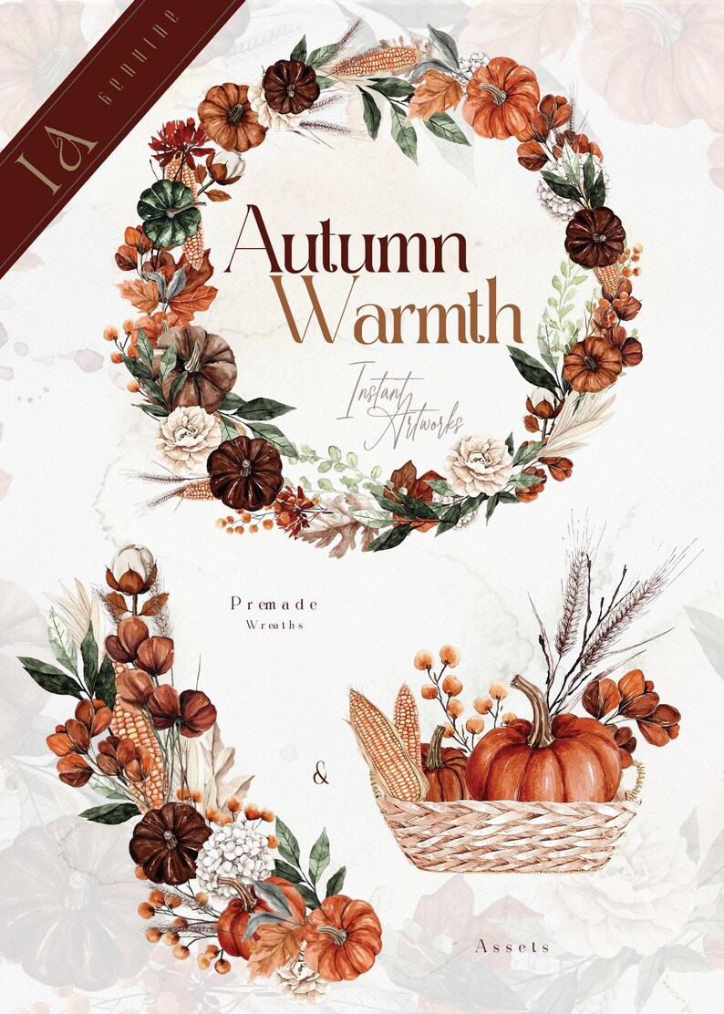 Op de afbeelding: Waterverf illustraties van herfstkransen en elementen. De kransen bevatten pompoenen, bladeren, bloemen en ma&iuml;s. De elementen omvatten een mand met pompoenen, ma&iuml;s en tarwe.