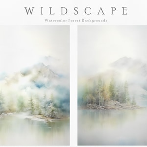 以下が含まれることがあります： 霧のかかった山岳風景の水彩画2点。前景には湖がある。1枚目の絵は、空を映す湖のある山脈を描いている。2枚目の絵は、湖と小さな森のある単独の山を描いている。