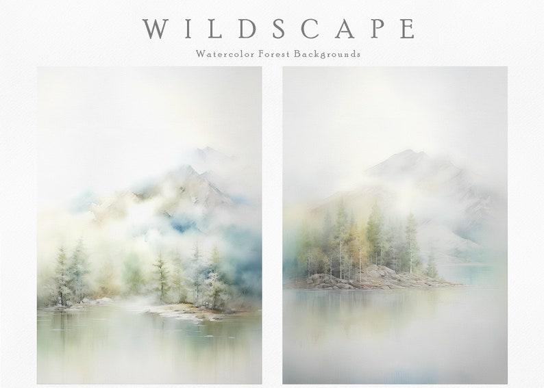 以下が含まれることがあります： 霧のかかった山岳風景の水彩画2点。前景には湖がある。1枚目の絵は、空を映す湖のある山脈を描いている。2枚目の絵は、湖と小さな森のある単独の山を描いている。