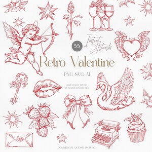 Retro Valentines Clipart Bundle, Vintage Love Graphics in Red, Blue & Black, Cupid, Hearts and DIY Crafts - Png Svg Ai