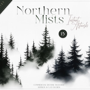 Pack de cliparts aquarelle forêt sempervirente, silhouettes de pins pour des conceptions sur le thème des bois et de la nature, téléchargement numérique PNG de haute qualité