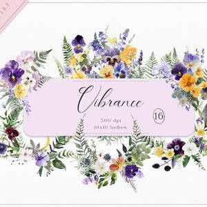 May include: A watercolor illustration of a floral arrangement featuring purple, yellow, and white pansies, ferns, and other greenery. The illustration is labeled "Vibrance 16" and includes the details "500 dpi, 10x10 inches".