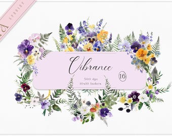 May include: A watercolor illustration of a floral arrangement featuring purple, yellow, and white pansies, ferns, and other greenery. The illustration is labeled "Vibrance 16" and includes the details "500 dpi, 10x10 inches".