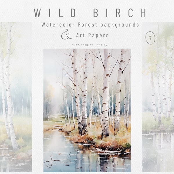 Watercolor Birch Forest Landscapes - Forest Backgrounds - Forest Art Papers - Nature Backgrounds - Forest Digital Papers - Birch Trees