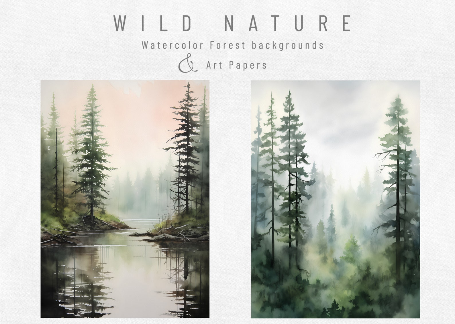 Watercolor Forest Landscape Art Papers – Pine Tree Backgrounds (digital ...
