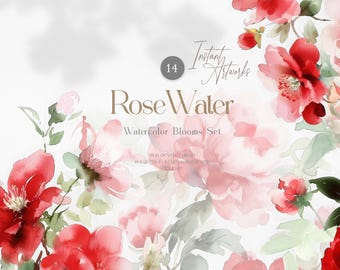 May include: Watercolor floral artwork featuring red and pink roses and buds with green leaves. The text "Rose Water" and "Watercolor Blooms Set" is displayed in a soft, elegant font. The image also includes the text "Instant Artworks" and "14".