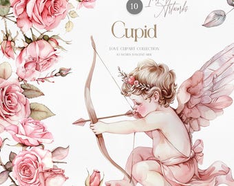 May include: A watercolor illustration of Cupid, a cherub with wings, holding a bow and arrow. The cherub is wearing a pink dress and a wreath of flowers. The background features pink roses and greenery. The text "Instant Artworks" and "Cupid" are visible in the image.  The text "Love Clipart Collection 10 inches longest side" is also visible.