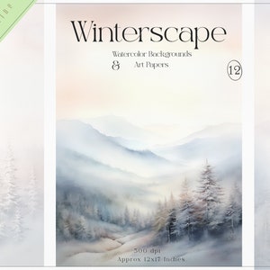 Fondos de acuarela de bosque invernal, papeles artísticos de alta resolución, imágenes prediseñadas digitales de paisajes invernales, paisajes con árboles nevados imprimibles