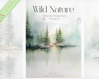 Watercolor Forest Landscape Art Papers – Pine Tree Backgrounds (Digital Download)