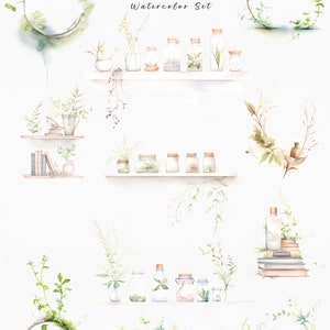 Op de afbeelding: Waterverfillustratie van een "Herbology" set. De afbeelding toont verschillende botanische elementen, waaronder potten met kruiden, kransen en planken. Het kleurenpalet is zacht, met groen en wit. De tekst "SCRAPBOOK SERIES" en "Watercolor Set" is ook zichtbaar.