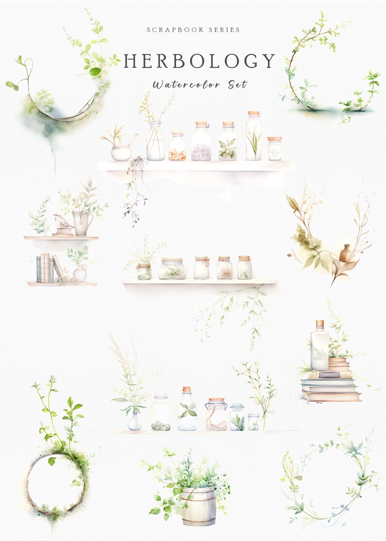 Op de afbeelding: Waterverfillustratie van een "Herbology" set. De afbeelding toont verschillende botanische elementen, waaronder potten met kruiden, kransen en planken. Het kleurenpalet is zacht, met groen en wit. De tekst "SCRAPBOOK SERIES" en "Watercolor Set" is ook zichtbaar.