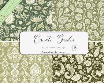 May include: A set of 12 seamless digital paper patterns featuring ornate garden designs in shades of green and white. The patterns are 10x10 inches and 300 dpi.