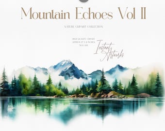 Imágenes prediseñadas de montañas en acuarela - Paisaje forestal PNG (Descarga digital)