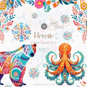 Kleurrijke gouache-illustraties volkskunst | Boho dieren- en bloemenillustraties | Grappig png-bestand met dieren in het wild | Digitale download voor commercieel gebruik
