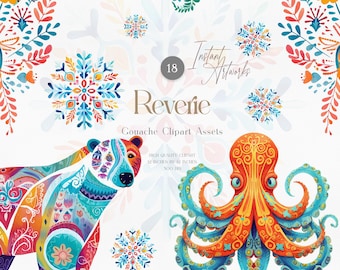Boho Animal Clipart | Gouache Floral Illustrations (Digital Download)