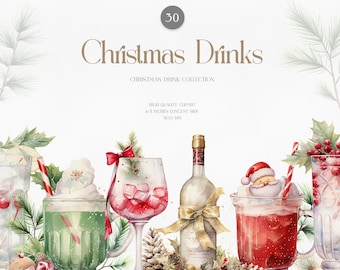 Christmas Drinks Watercolor Clipart, Holiday Card Design (PNG)