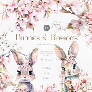 Imágenes prediseñadas de conejitos de primavera en acuarela - Imágenes prediseñadas para guardería - Imágenes prediseñadas de flores de cerezo - Imágenes prediseñadas prefabricadas - Imágenes prediseñadas de conejitos - Imágenes prediseñadas florales - Pascua