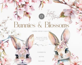 May include: A digital clipart collection of 13 watercolor illustrations featuring bunnies and pink blossoms. The illustrations are perfect for Easter crafts and projects.  The text "Bunnies & Blossoms" and "Easter Clipart Collection" is included in the image.