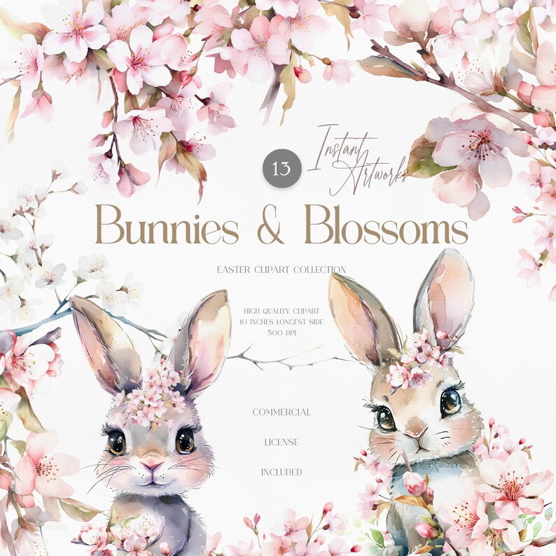 Watercolor Spring Bunnies Clipart – Cherry Blossom Floral (digital ...