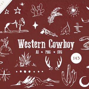 Paquete SVG de vaquero vintage, clipart SVG del lejano oeste, clipart de naturaleza, sombrero de vaquero occidental SVG, clipart de cactus, calavera occidental, vector del viejo oeste PNG