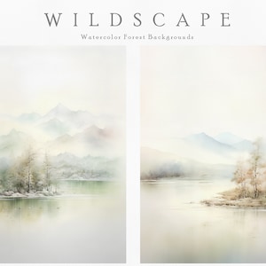 以下が含まれることがあります： 霧のかかった森の風景を描いた水彩画2点。背景には山々が描かれている。最初の絵は、湖の中に木が生えている小さな島を描いている。2番目の絵は、より大きな島と木々を描いた、同様の風景を描いている。