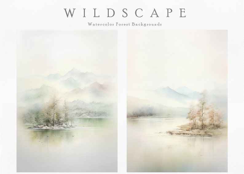 以下が含まれることがあります： 霧のかかった森の風景を描いた水彩画2点。背景には山々が描かれている。最初の絵は、湖の中に木が生えている小さな島を描いている。2番目の絵は、より大きな島と木々を描いた、同様の風景を描いている。