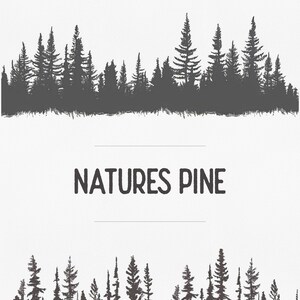 May include: A black and white illustration of a pine forest with the text "NATURES PINE" below it.