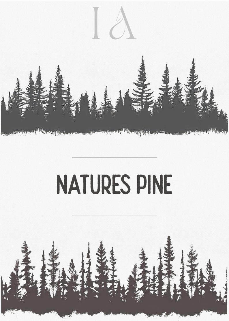 May include: A black and white illustration of a pine forest with the text "NATURES PINE" below it.