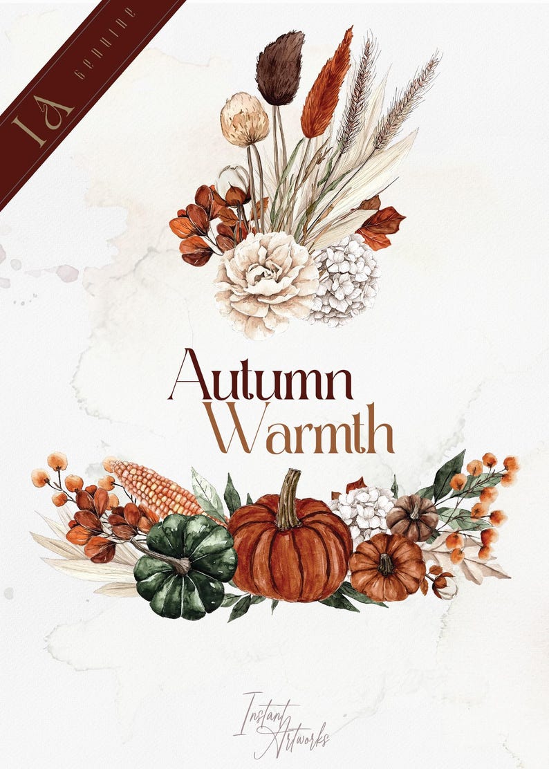 Op de afbeelding: Waterverfillustratie van een herfstbloemenarrangement met pompoenen, ma&iuml;s en gedroogde grassen. De tekst "Autumn Warmth" staat in het midden van de afbeelding.
