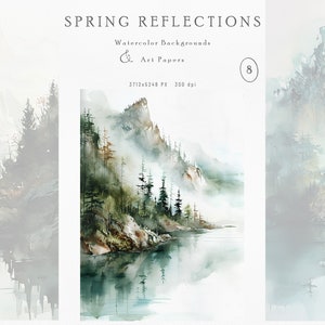 Fondos de paisajes montañosos en acuarela: papeles artísticos con reflejos primaverales de alta resolución, fondos naturales para proyectos creativos.